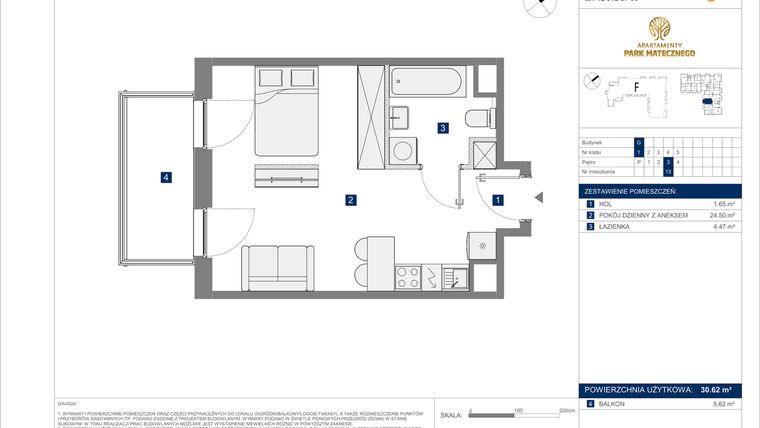 Rzut - Mieszkanie na sprzedaż 1 pokój o powierzchni 30,62 m² - numer G-13 w Apartamenty Park Matecznego Etap 2