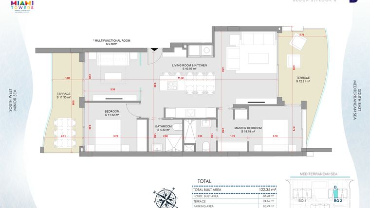 Rzut - Mieszkanie na sprzedaż 3 pokoje o powierzchni 122,35 m² - numer P6-BL2-B w Miami Towers