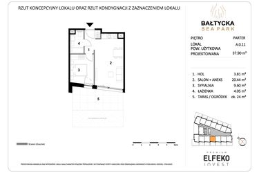 Rzut - Mieszkanie na sprzedaż 2 pokoje o powierzchni 37,9 m² - numer A.0.11 w Bałtycka Sea Park