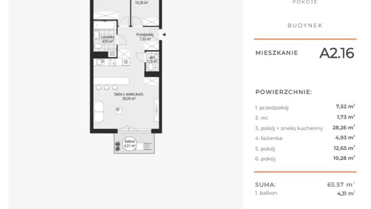 Rzut - Mieszkanie na sprzedaż 3 pokoje o powierzchni 65,49 m² - numer A2.16 w Enklawa Bukowa