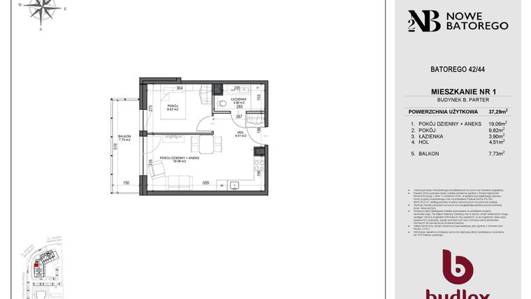 Rzut - Mieszkanie na sprzedaż 2 pokoje o powierzchni 37,29 m² - numer B1 w Nowe Batorego 2