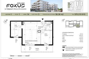 Rzut - Mieszkanie na sprzedaż 3 pokoje o powierzchni 56,36 m² - numer I.14 w Fokus Bielany