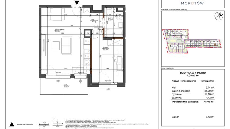 Rzut - Mieszkanie na sprzedaż 2 pokoje o powierzchni 45,02 m² - numer 19 w Aura Mokotów II