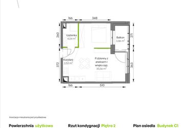 Rzut - Mieszkanie na sprzedaż 1 pokój o powierzchni 37,13 m² - numer C1/02/38 w WUWA Vita