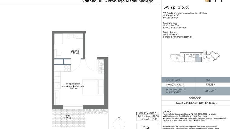 Rzut - Mieszkanie na sprzedaż 1 pokój o powierzchni 25,19 m² - numer M02 w Madalińskiego
