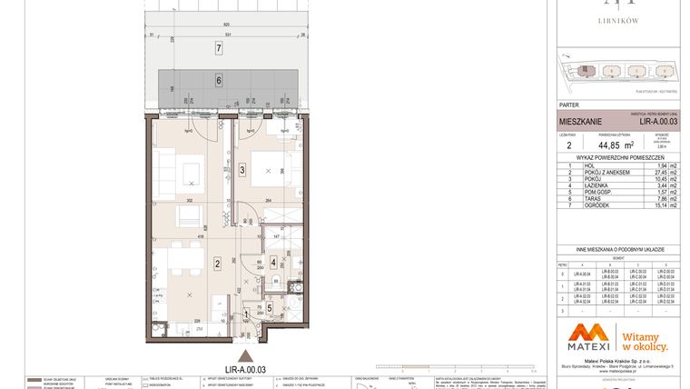 Rzut - Mieszkanie na sprzedaż 2 pokoje o powierzchni 44,85 m² - numer A.00.03 w Takt Lirników