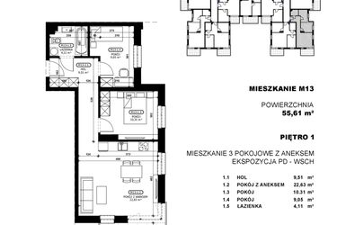 Rzut - Mieszkanie na sprzedaż 3 pokoje o powierzchni 55,61 m² - numer C2-M13 w Stacja Łódź V – etap C2
