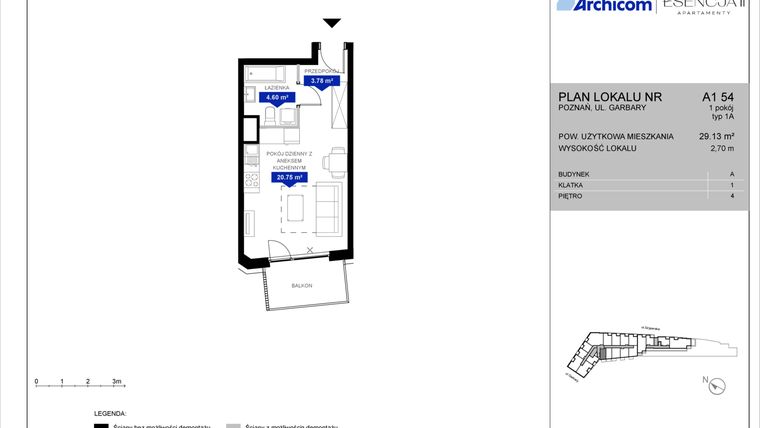 Rzut - Mieszkanie na sprzedaż 1 pokój o powierzchni 29,04 m² - numer A1.54 w Apartamenty Esencja II
