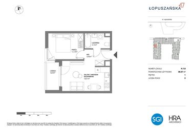 Rzut - Mieszkanie na sprzedaż 2 pokoje o powierzchni 39,27 m² - numer H.1.8 w Łopuszańska 47 - etap 3