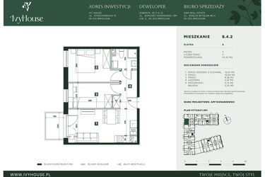 Rzut - Mieszkanie na sprzedaż 3 pokoje o powierzchni 43,42 m² - numer B.4.2 w IVY HOUSE