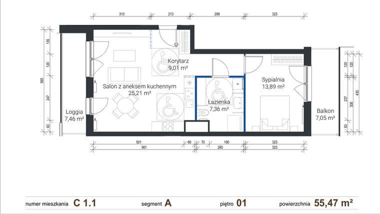 Rzut - Mieszkanie na sprzedaż 2 pokoje o powierzchni 55,47 m² - numer C 1.1 w Nowe Zabłocie
