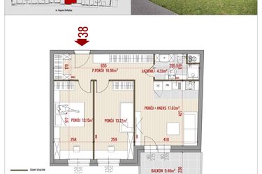 Rzut - Mieszkanie na sprzedaż 3 pokoje o powierzchni 59,31 m² - numer B1.38 w HUZAR B1
