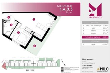 Rzut - Mieszkanie na sprzedaż 2 pokoje o powierzchni 38,83 m² - numer 1.A.0.3 w Maślice Wrocław Milo Dobry Deweloper etap IV