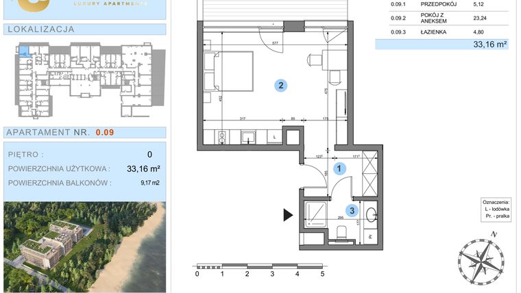 Rzut - Mieszkanie na sprzedaż 1 pokój o powierzchni 33,16 m² - numer 0.9 w Ustronie Luxury Apartments