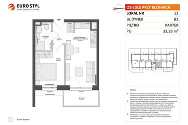 Rzut - Mieszkanie na sprzedaż 2 pokoje o powierzchni 33,33 m² - numer B2.12 w Osiedle Przy Błoniach 3 etap III