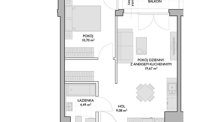 Rzut - Mieszkanie na sprzedaż 2 pokoje o powierzchni 43,94 m² - numer WO/P3/40 w Wiszące Ogrody