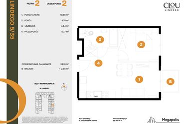 Rzut - Mieszkanie na sprzedaż 2 pokoje o powierzchni 38,1 m² - numer 35 w CLOU LINDEGO