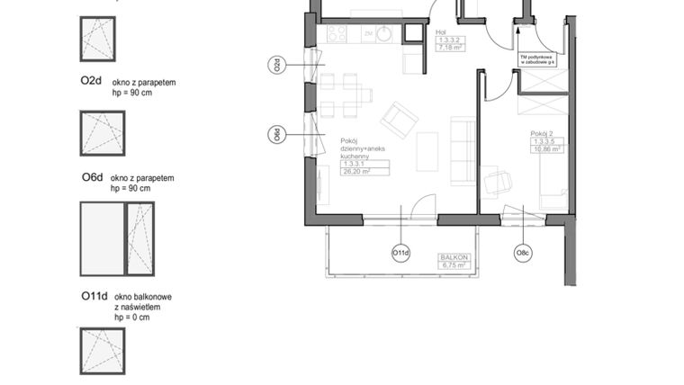Rzut - Mieszkanie na sprzedaż 3 pokoje o powierzchni 61,02 m² - numer E.1.3.3 w Optima VII