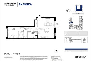 Rzut - Mieszkanie na sprzedaż 2 pokoje o powierzchni 52,35 m² - numer 1BA0403 w Awangarda Mogilska