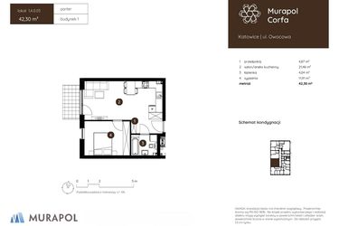 Rzut - Mieszkanie na sprzedaż 2 pokoje o powierzchni 42,3 m² - numer 1.A.0.03 w Murapol Corfa