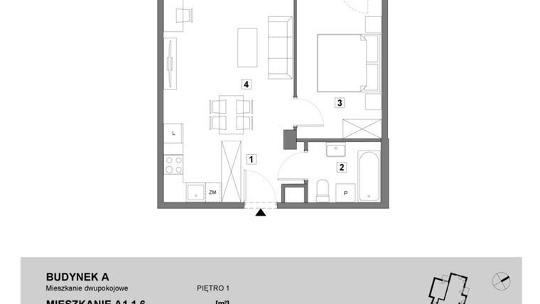 Rzut - Mieszkanie na sprzedaż 2 pokoje o powierzchni 46,68 m² - numer A1.1.6 w ATAL Grabiszyn
