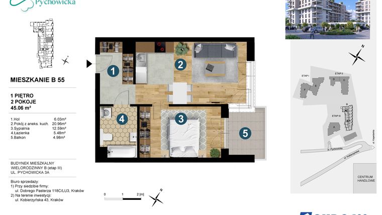 Rzut - Mieszkanie na sprzedaż 2 pokoje o powierzchni 45,06 m² - numer B55 w Kapelanka-Pychowicka Etap III