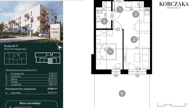 Rzut - Mieszkanie na sprzedaż 2 pokoje o powierzchni 33,88 m² - numer P.I.04 w Korczaka Apartamenty