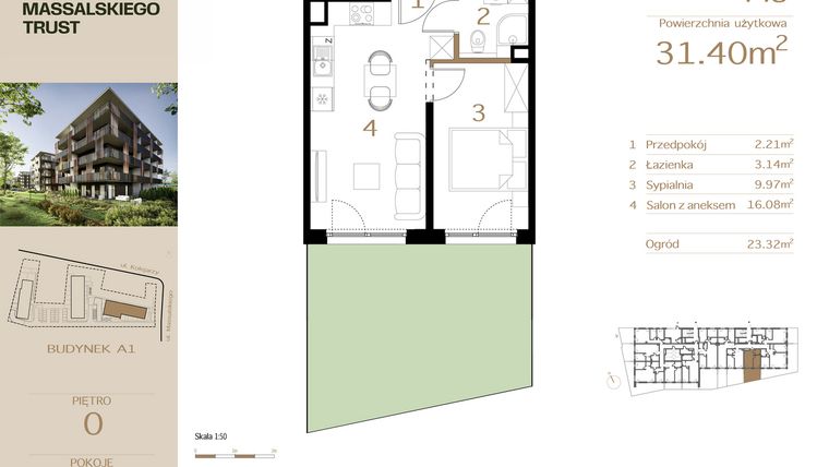 Rzut - Mieszkanie na sprzedaż 2 pokoje o powierzchni 31,4 m² - numer M3 w Massalskiego Trust