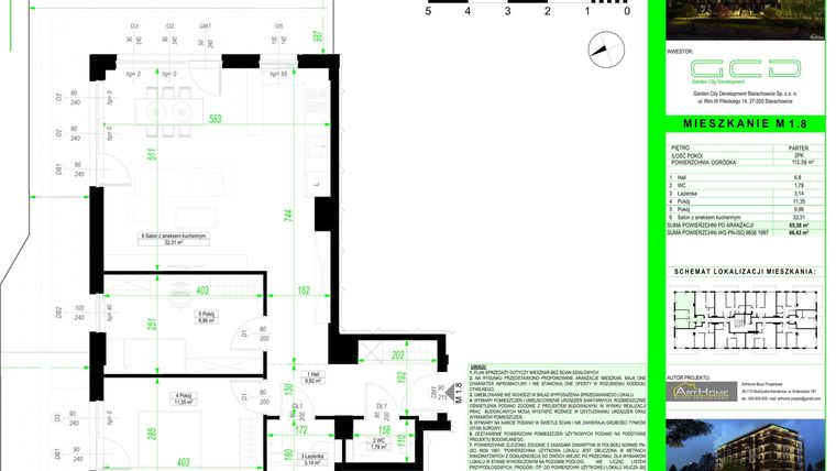Rzut - Mieszkanie na sprzedaż 3 pokoje o powierzchni 65,38 m² - numer 1.8. w City Park Apartments