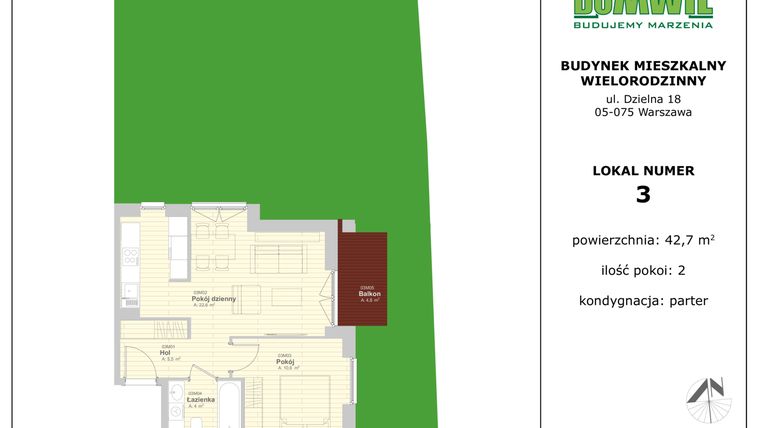 Rzut - Mieszkanie na sprzedaż 2 pokoje o powierzchni 42,1 m² - numer 3 w Urocza Zielona