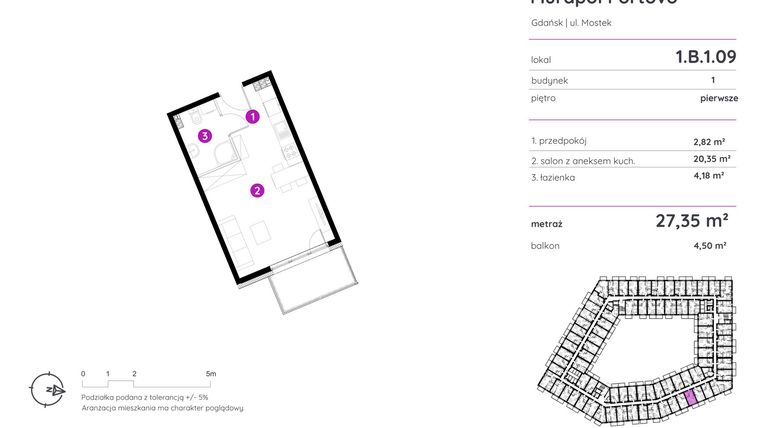 Rzut - Mieszkanie na sprzedaż 1 pokój o powierzchni 27,35 m² - numer 1.B.1.09 w Murapol Portovo etap II