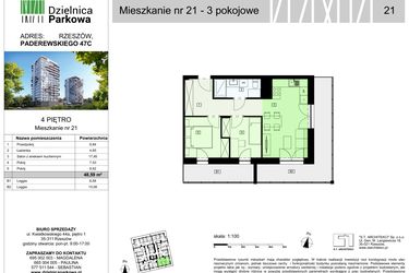 Rzut - Mieszkanie na sprzedaż 3 pokoje o powierzchni 48,59 m² - numer 21/B8 w Dzielnica Parkowa VIII