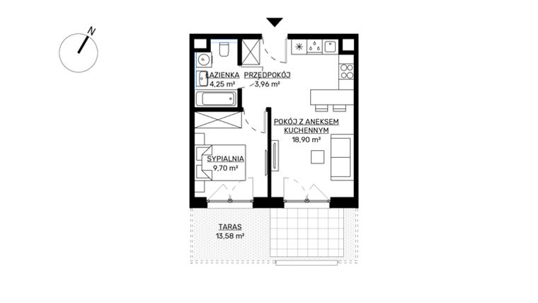 Rzut - Mieszkanie na sprzedaż 2 pokoje o powierzchni 36,81 m² - numer M58 w KWADRAT etap 2