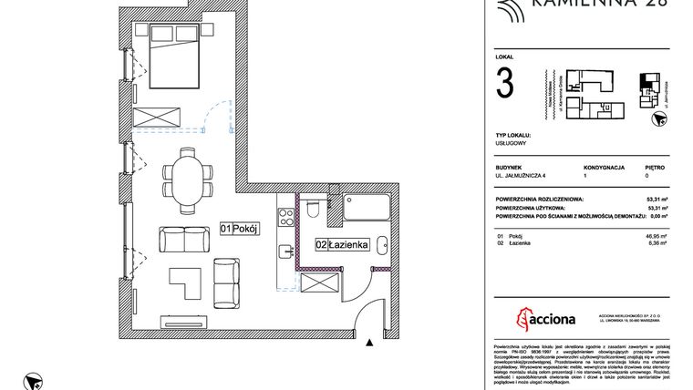 Rzut - Mieszkanie na sprzedaż 1 pokój o powierzchni 53,31 m² - numer 4.3 w Kamienna 28 - apartamenty inwestycyjne