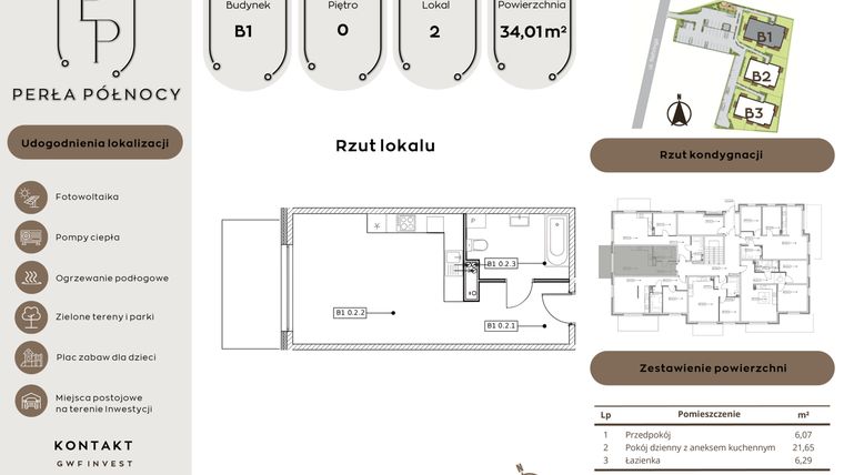 Rzut - Mieszkanie na sprzedaż 1 pokój o powierzchni 34,01 m² - numer B1.0_2 w Perła Północy etap 2