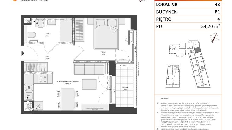 Rzut - Mieszkanie na sprzedaż 2 pokoje o powierzchni 34,2 m² - numer B1.43 w Zajezdnia Motława