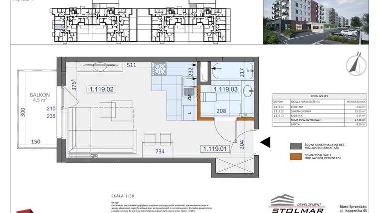 Rzut - Mieszkanie na sprzedaż 1 pokój o powierzchni 27,46 m² - numer 119 w Osiedle Zycha
