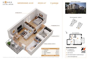 Rzut - Mieszkanie na sprzedaż 2 pokoje o powierzchni 43,71 m² - numer A.6.6 w Rondo Ceglana etap II