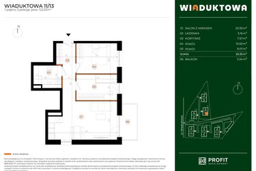 Rzut - Mieszkanie na sprzedaż 3 pokoje o powierzchni 53,33 m² - numer 11.13 w Wiaduktowa