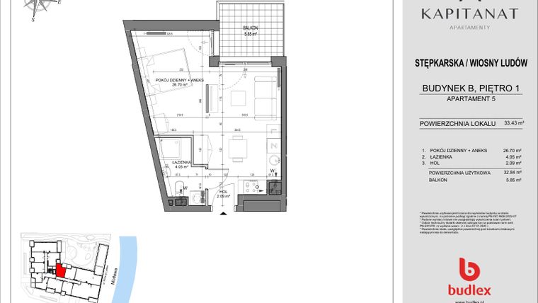 Rzut - Mieszkanie na sprzedaż 2 pokoje o powierzchni 33,43 m² - numer 5.B w Kapitanat Apartamenty