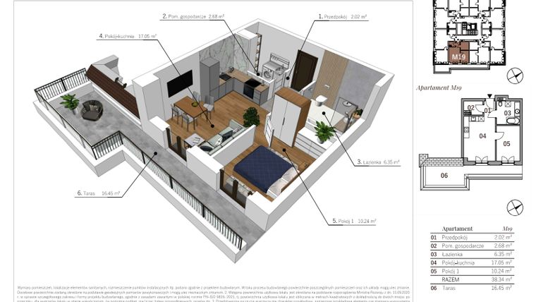 Rzut - Mieszkanie na sprzedaż 2 pokoje o powierzchni 38,34 m² - numer M19 w Przy Parku etap II