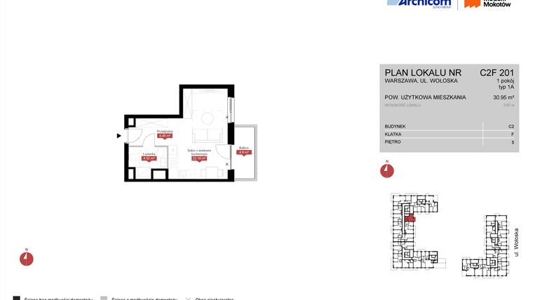 Rzut - Mieszkanie na sprzedaż 1 pokój o powierzchni 30,95 m² - numer C2F 201 w Modern Mokotów etap 3, budynek C1 i C2