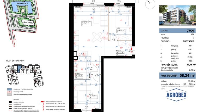 Rzut - Mieszkanie na sprzedaż 3 pokoje o powierzchni 58,24 m² - numer 7/59 w Nove Garby