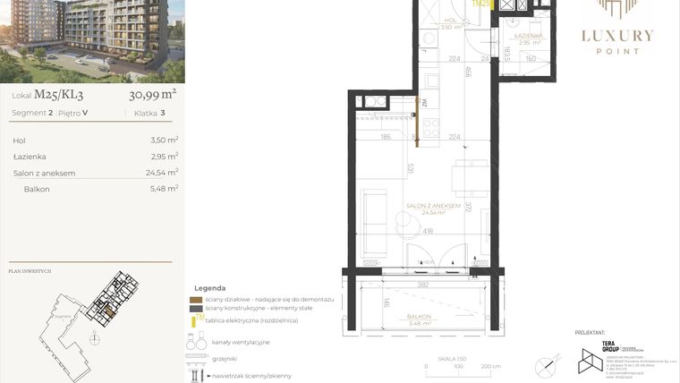 Rzut - Mieszkanie na sprzedaż 1 pokój o powierzchni 30,99 m² - numer M25/KL3 w LUXURY POINT