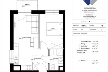 Rzut - Mieszkanie na sprzedaż 2 pokoje o powierzchni 36,74 m² - numer 10C/13 w Jasielska 8C etap II