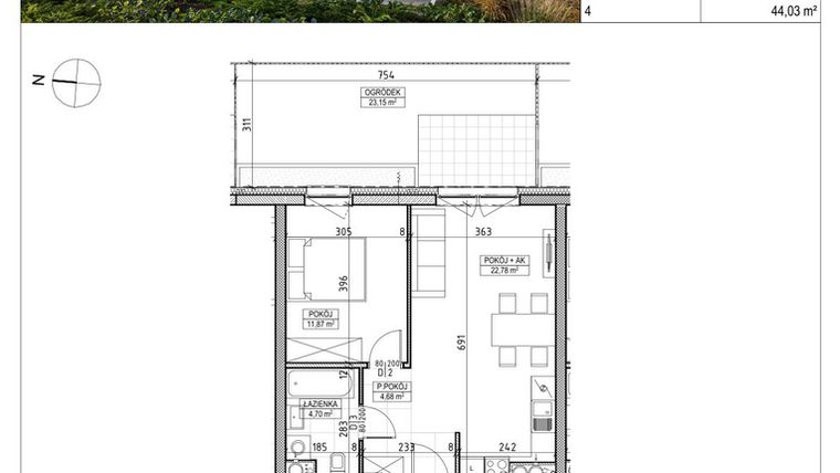 Rzut - Mieszkanie na sprzedaż 2 pokoje o powierzchni 44,03 m² - numer A3.00.04 w AURA