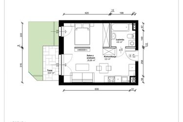 Rzut - Mieszkanie na sprzedaż 1 pokój o powierzchni 34,39 m² - numer B.0.01.1a w ATRIUM