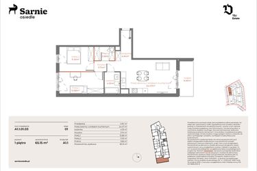 Rzut - Mieszkanie na sprzedaż 3 pokoje o powierzchni 65,15 m² - numer A1.1-01.03 w Sarnie Osiedle