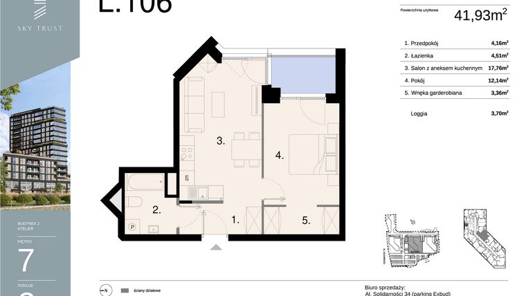 Rzut - Mieszkanie na sprzedaż 2 pokoje o powierzchni 41,93 m² - numer L106 w Sky Trust etap II - apartamenty inwestycyjne 23% VAT PRS