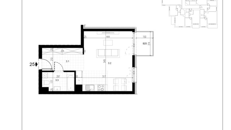 Rzut - Mieszkanie na sprzedaż 1 pokój o powierzchni 37,96 m² - numer M25 w Trybuny Ludów 3